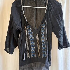 American Eagle Outfitters Black Blouse with Blue Embroidery